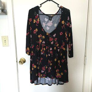 Torrid Size 0 Super Soft Black Floral Button Front Baby Doll Top